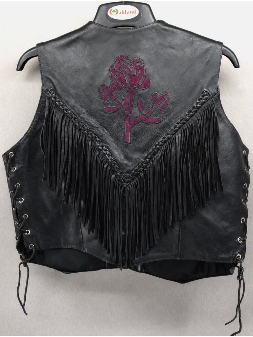 Vintage Fringe Rose Leather Biker Vest Women XL Button Up Side Lace Motorcycle